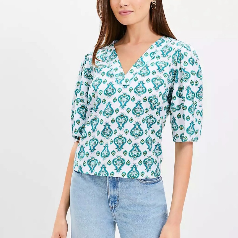 LOFT Teal & White Floral Medallion Bell Sleeve Blouse(L)